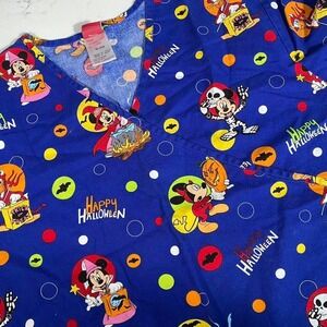 Vintage Disney Halloween Scrub Top Mickey‎ Minnie Donald Trick or Treat Size XL